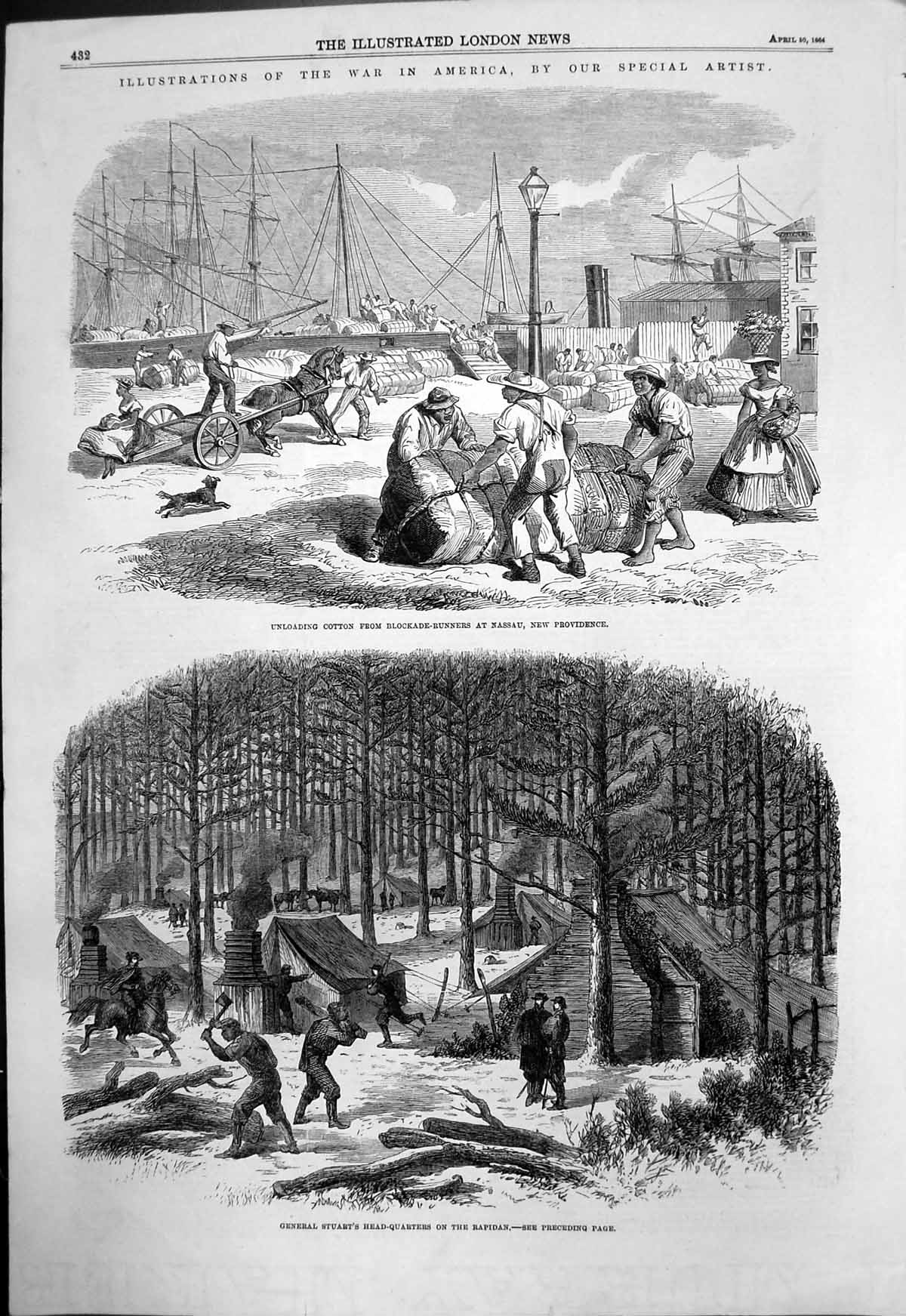 Antique Old Print War America Unloading Cotton Nassau Gen Stuart Rapidan 1864