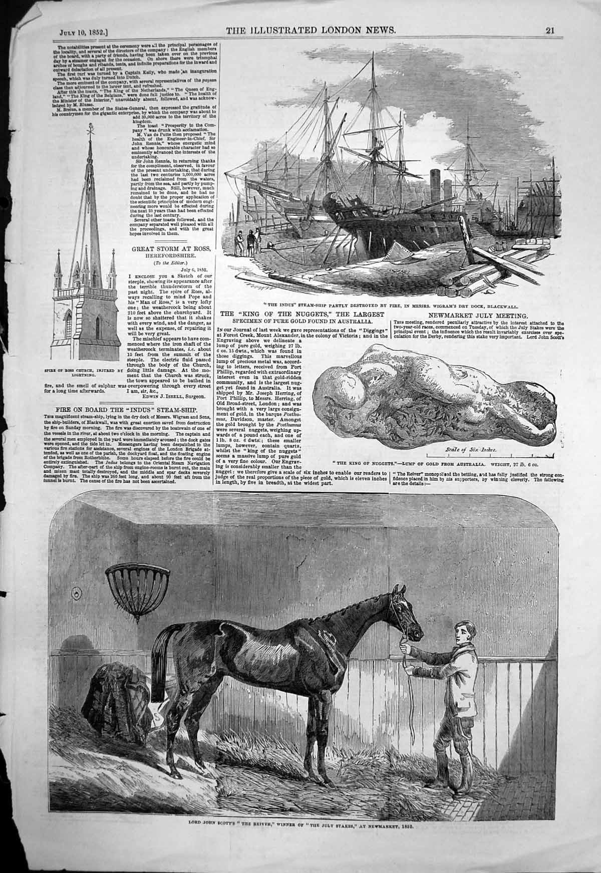 Antique Old Print King GNuggets Australia Indus Steamship Fire Blackwall 1852