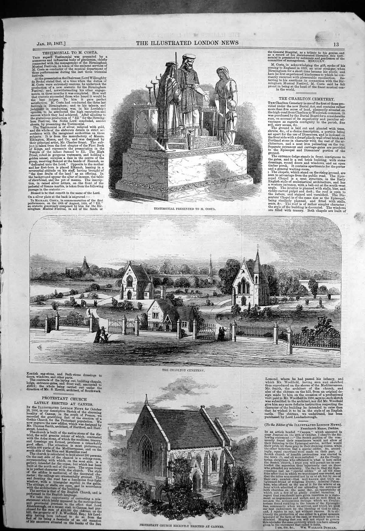 Original Old Antique Print Charlton Cemetery Protestant Church Cannes 1857 19th