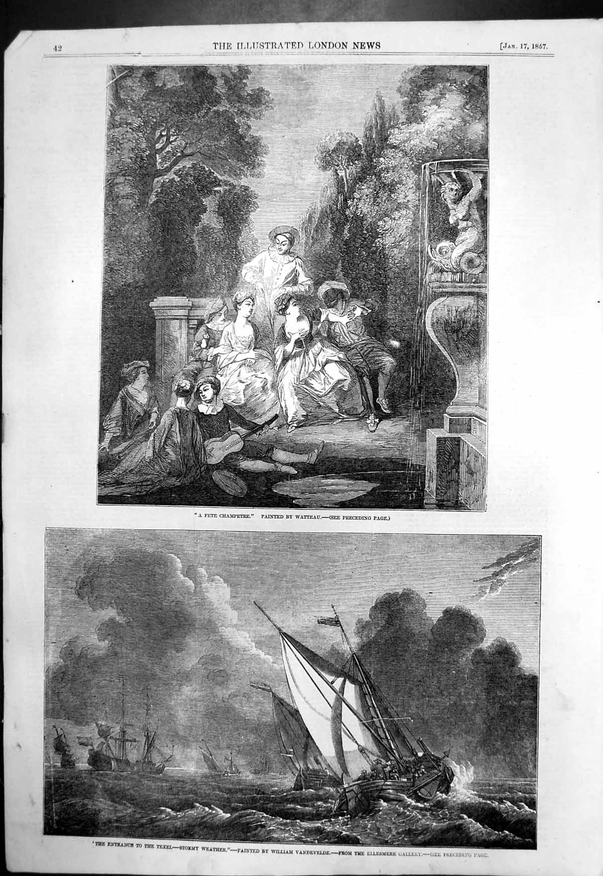 Antique Old Print Fete Champetre Watteau Entrance Texel Stormy Weather 1857