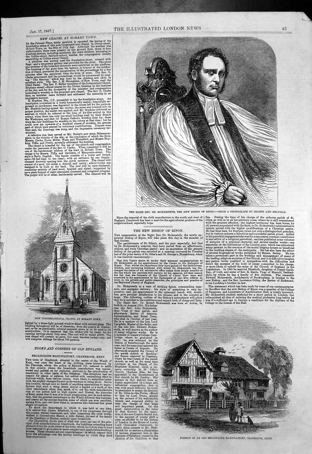 Old Antique Print Rev Dr Bickersteth Bishop Ripon New Chapel Hobart 1857 19th