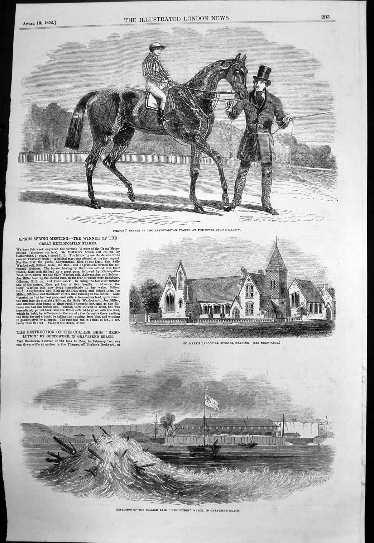 Antique Print St Marys Parochial School Reading Explosion Collier Brig 1852