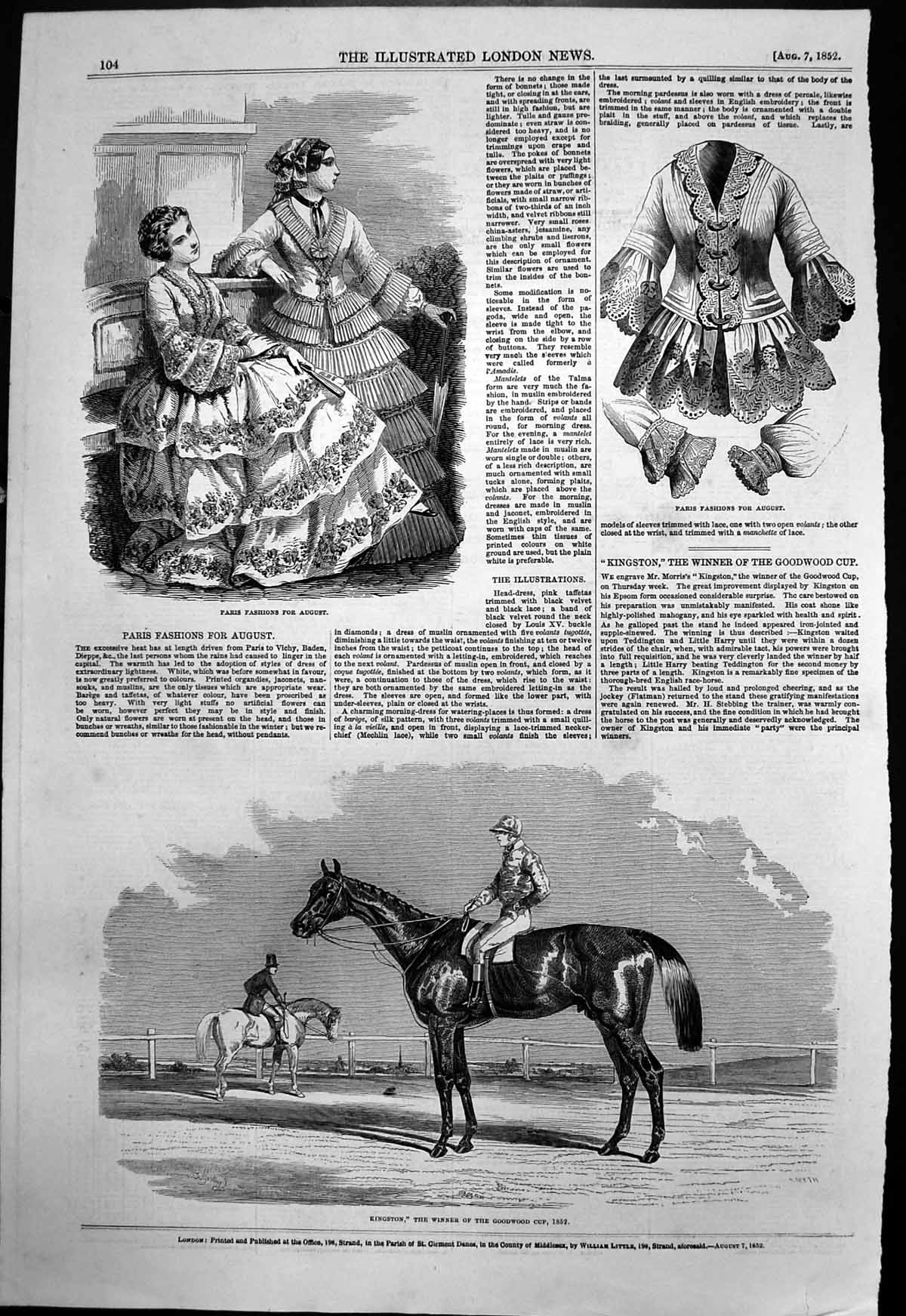 Antique Print Kingston Winner Goodwood Cup 1852 Paris Fashions August 1852 19th