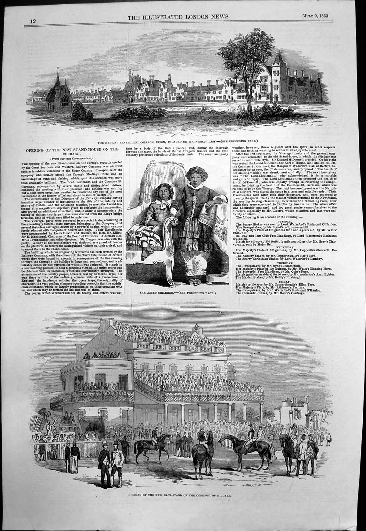 Old Antique Print Opening Race Stand Curragh Medical College Epsom 1853 19th