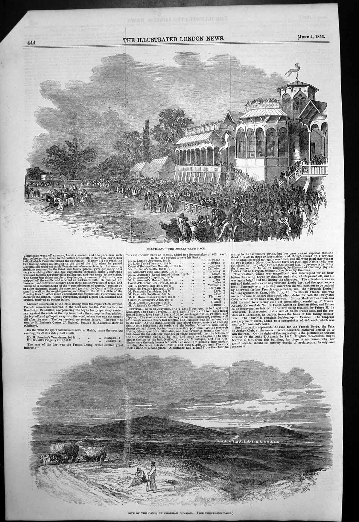 Original Old Antique Print Chantilly Jockey Club Race Camp Chobham Common 1853