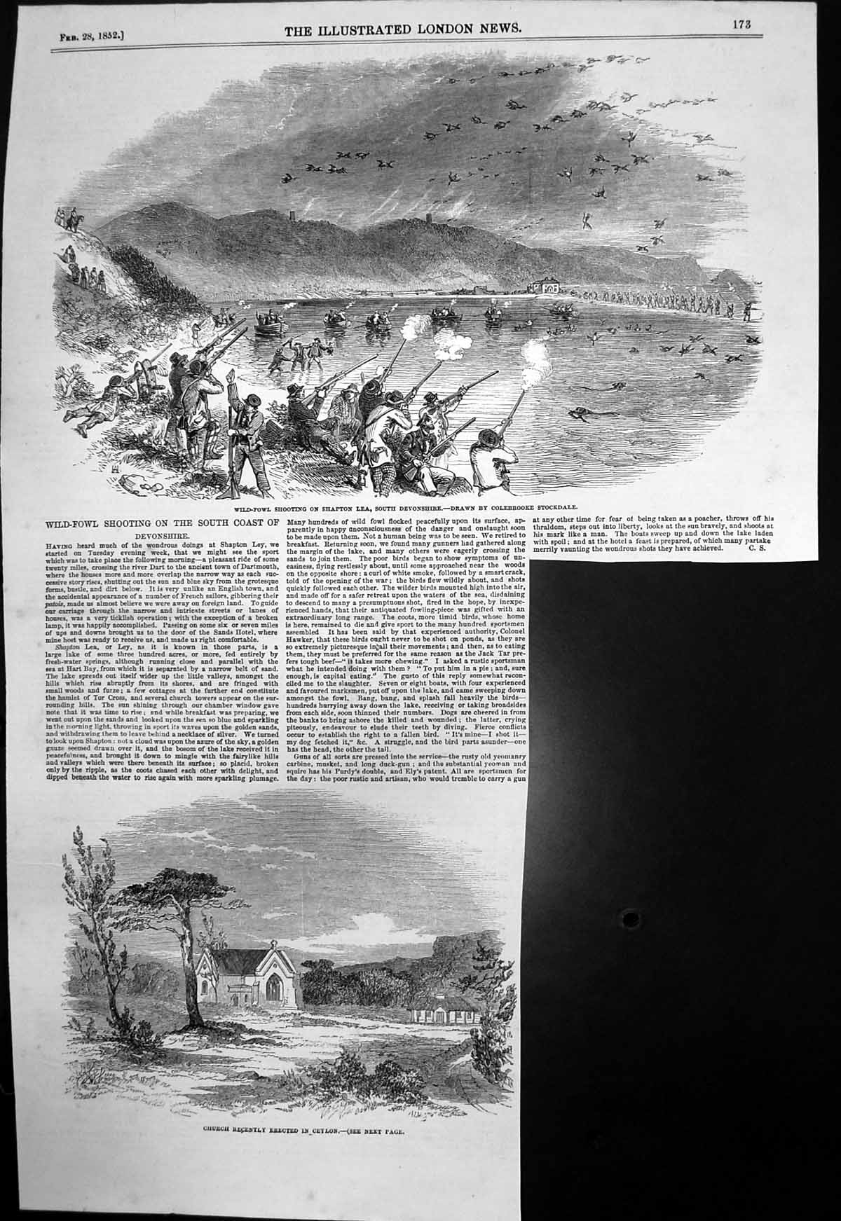 Old Antique Print Church Ceylon Wild-Fowl Shooting South Devonshire 1852 19th
