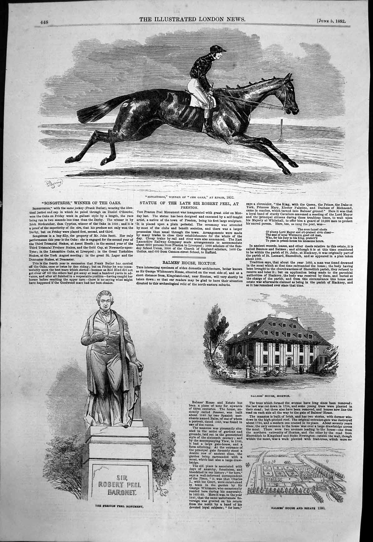 Original Old Antique Print Statue Robert Peel Preston Balmes House Hoxton 1852