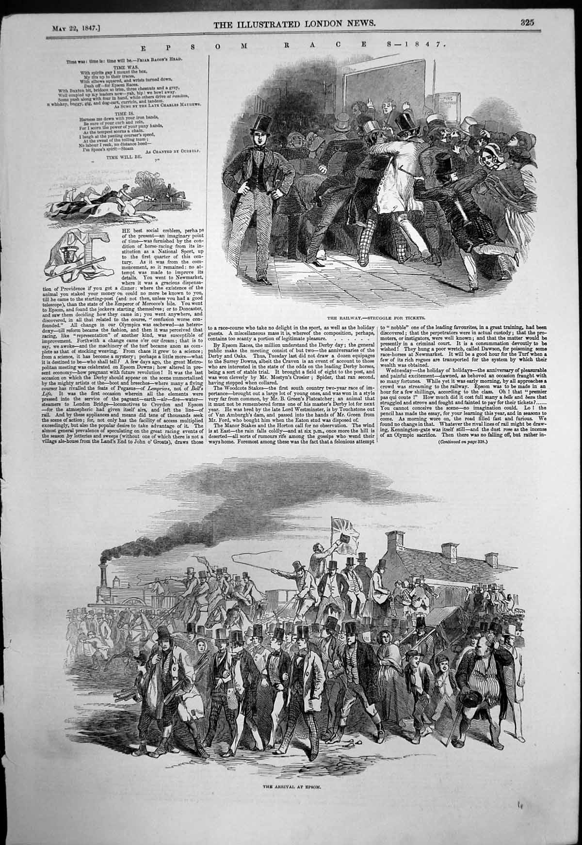 Old Antique Print Epsom Races Struggle Tickets Railway Arrival Epsom 1847 19th
