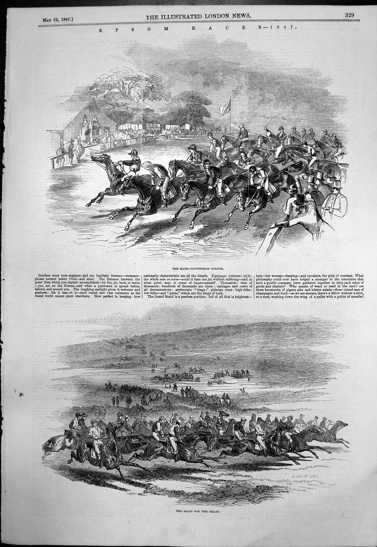 Original Old Antique Print Epsom Races Race Tattenham Corner Start Derby 1847