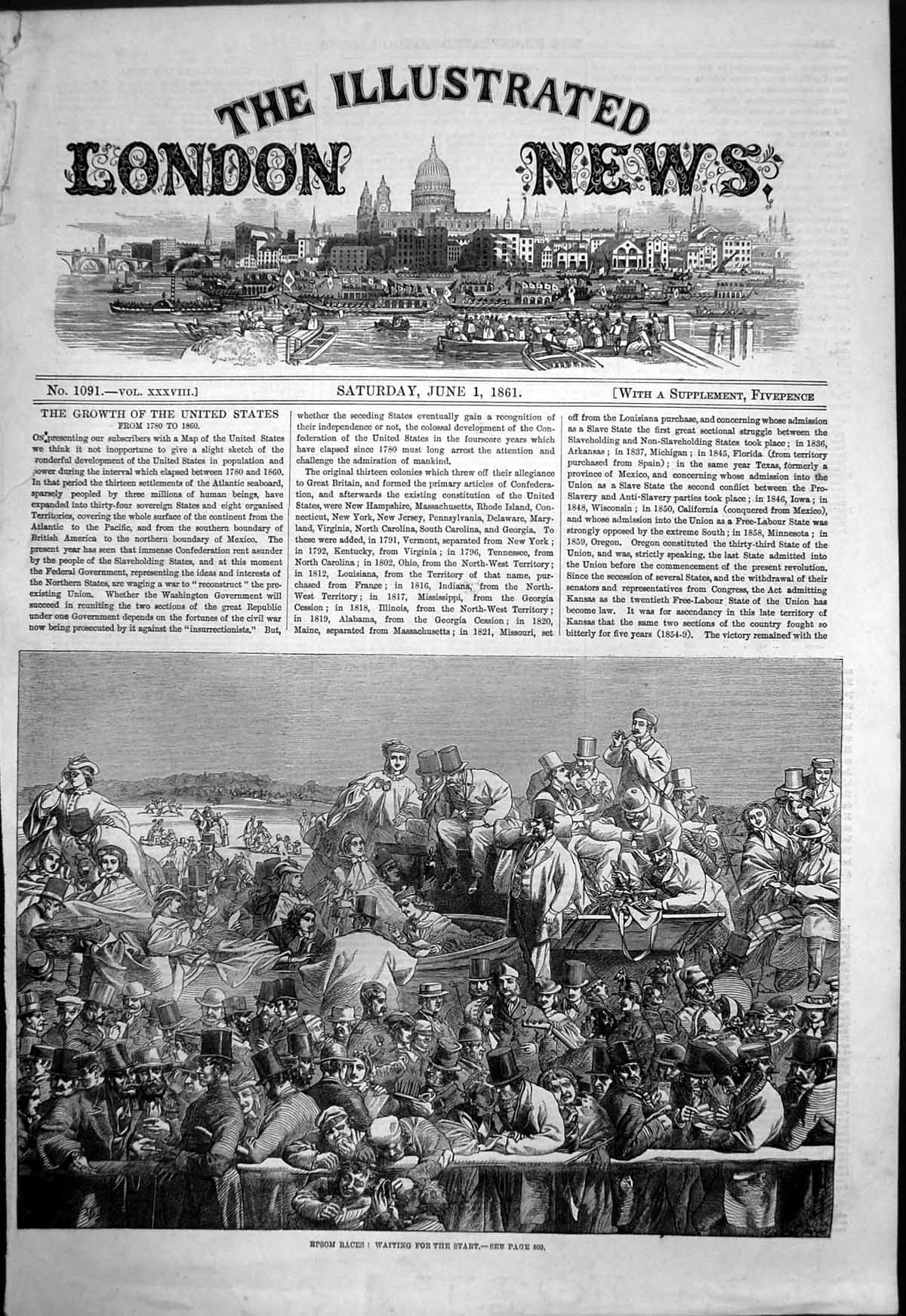 Old Antique Print Epsom Races Waiting For Start Crowds Sitting Boxes 1861 19th