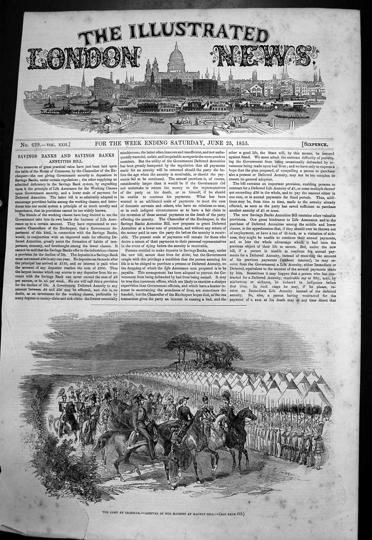 Original Old Antique Print Camp Chobham Arrival Her Majesty Magnet Hill 1853