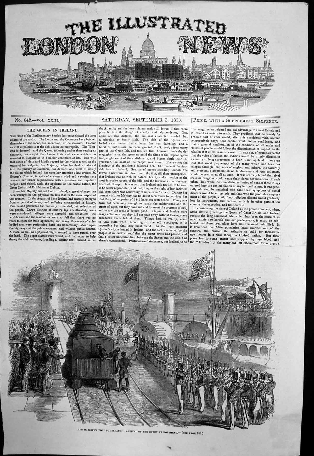 Old Antique Print Queens Visit Ireland Arrival Holyhead Train Crowds 1853 19th