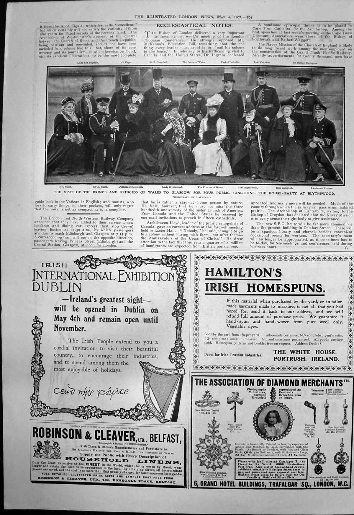 Antique Old Print Prince Princess Wales Glasgow House Party Blythswood 1907