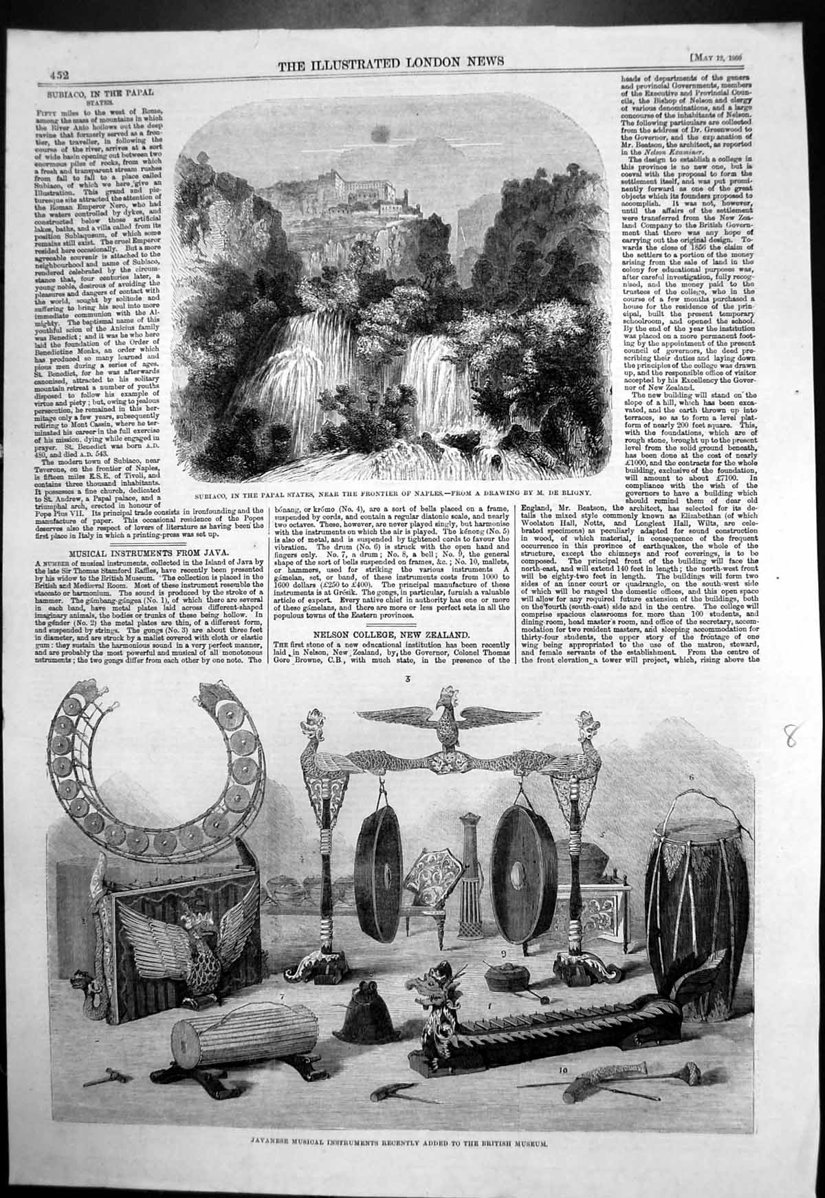 Antique Print Sublaco Papal States Naples Javanese Instruments Museum 1860 19th