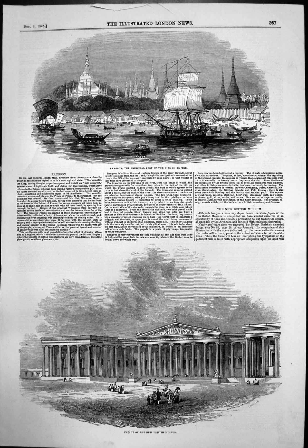 Antique Print New British Museum Rangoon Principal Port Birman Empire 1845 19th