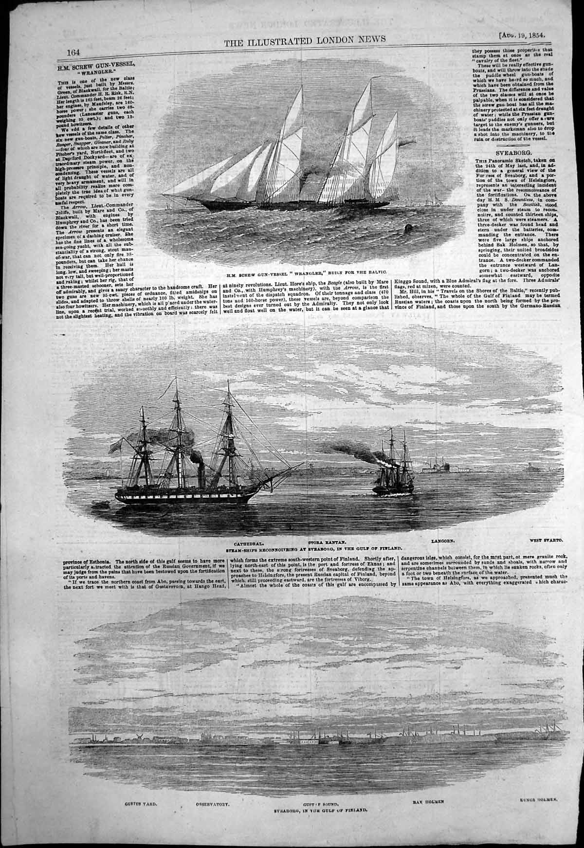 Antique Old Print Steam-Ships Gulf Finland Cathedral Langorn Hm Wrangler 1854