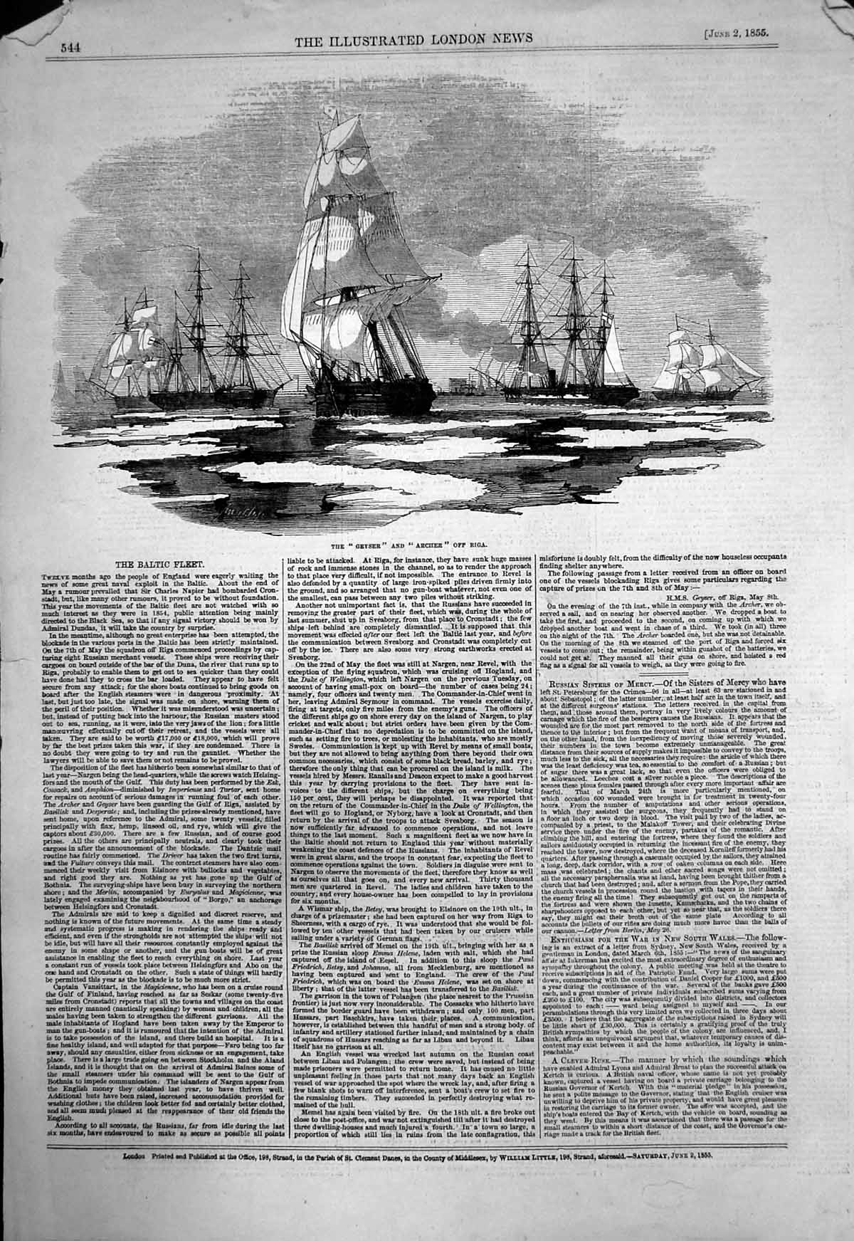 Original Old Antique Print Baltic Fleet Geyser Archer Vessels Riga 1855 19th