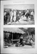 Antique Old Print Burmah Wood Carvers Buying Ponies Shan Camp Mandalay 1890