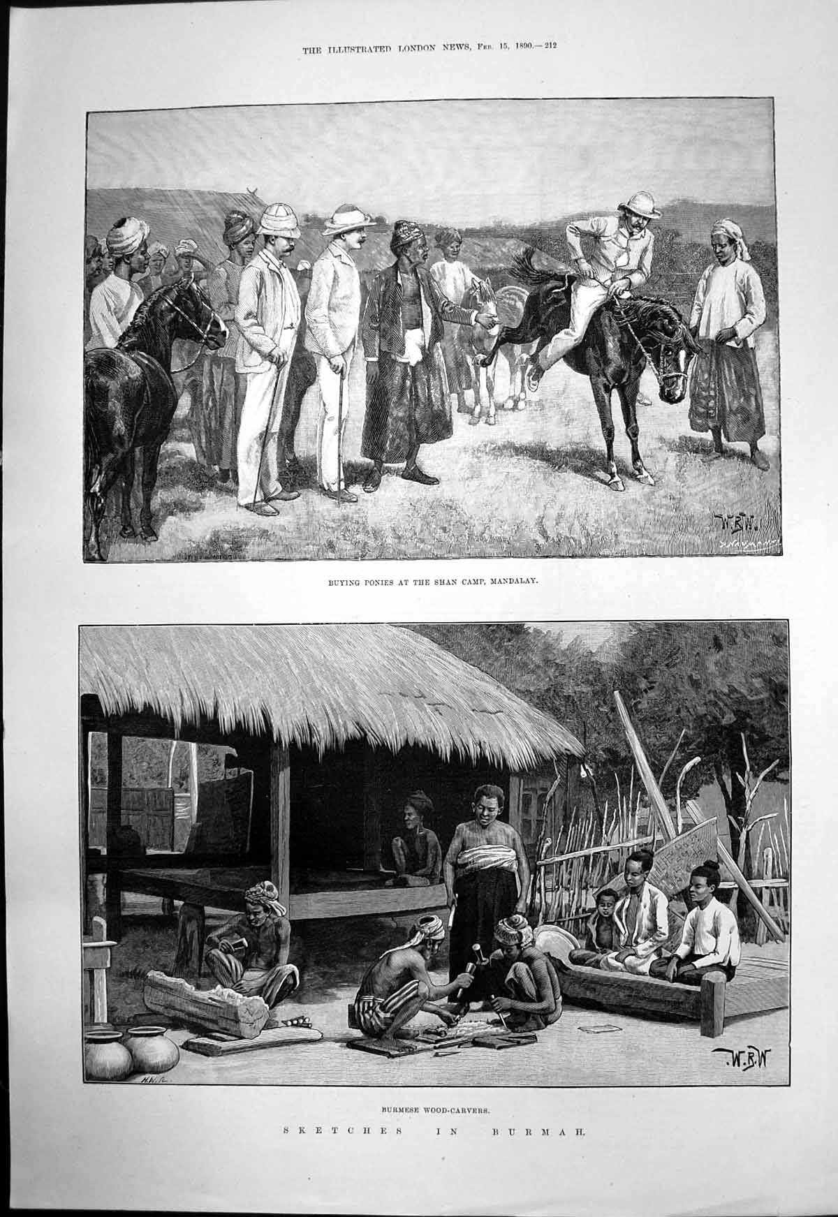 Antique Old Print Burmah Wood Carvers Buying Ponies Shan Camp Mandalay 1890