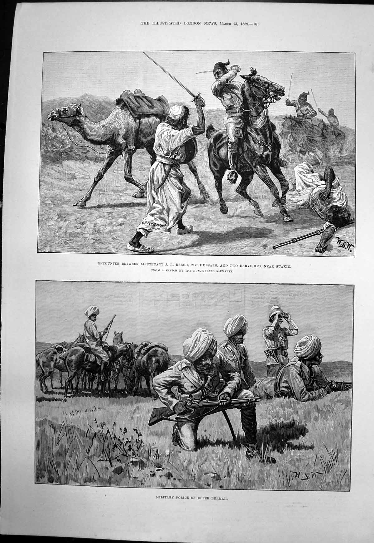Old Print Military Police Encounter Hussars Dervishes Suakin Burmah 1889 19th