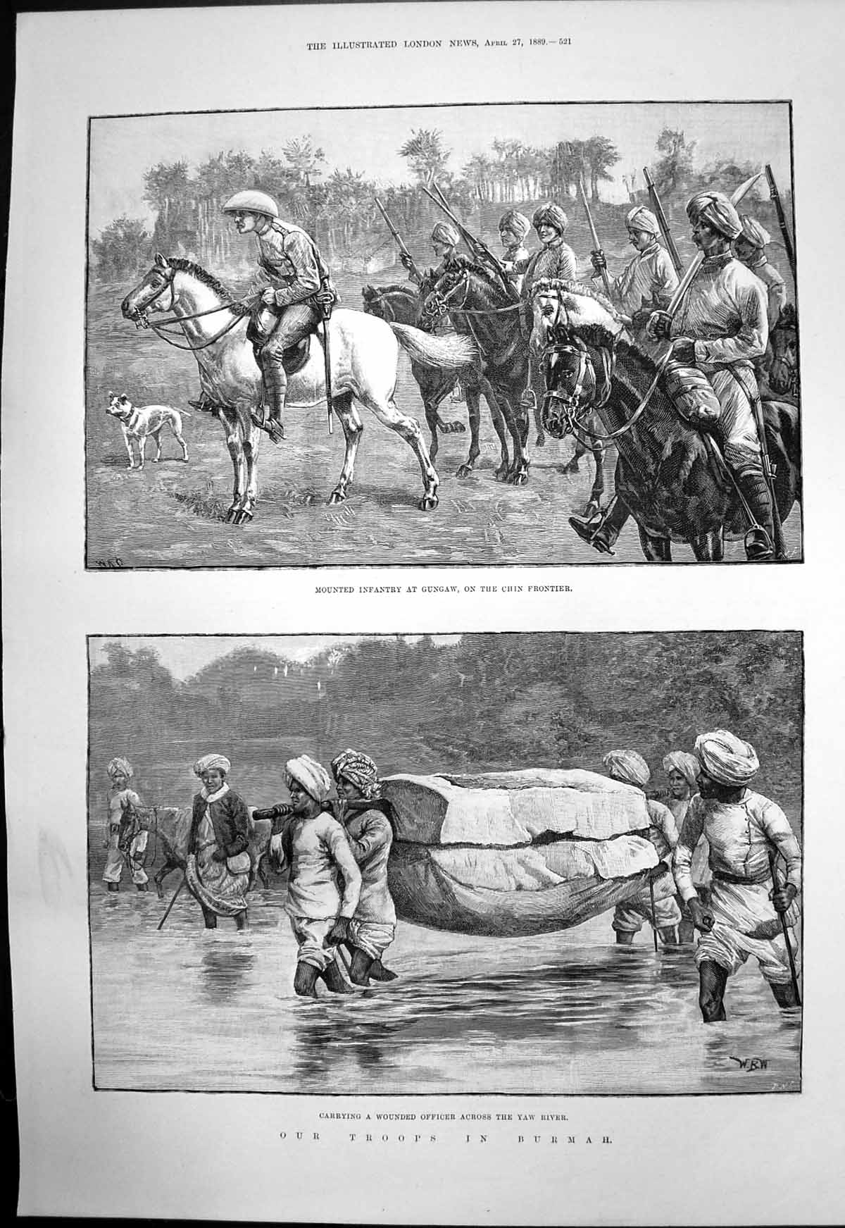 Old Antique Print Burmah Mounted Infantry Gungaw Wounded Yaw River 1889 19th