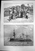 Antique Old Print French Navy Redoutable Ironclad Burmah Yaw Villagers 1889