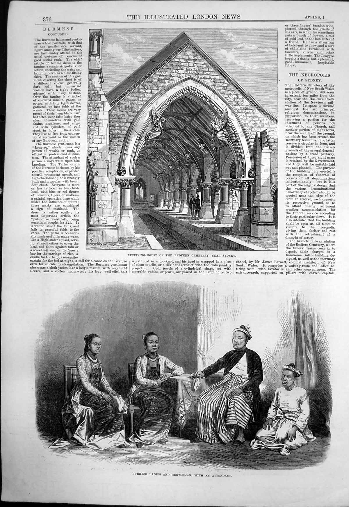 Antique Old Print Receiving House Redfern Cemetery Sydney Burmese People 1870