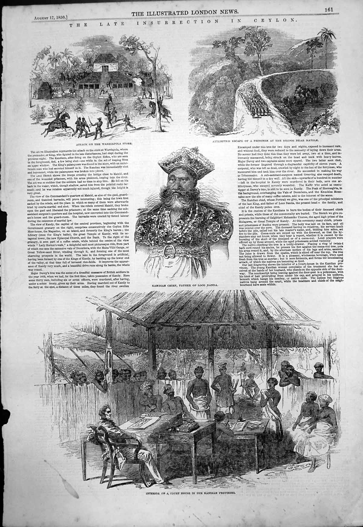 Antique Print Kandian Chief Court House Escape Prisoner Bridge Matele 1850 19th