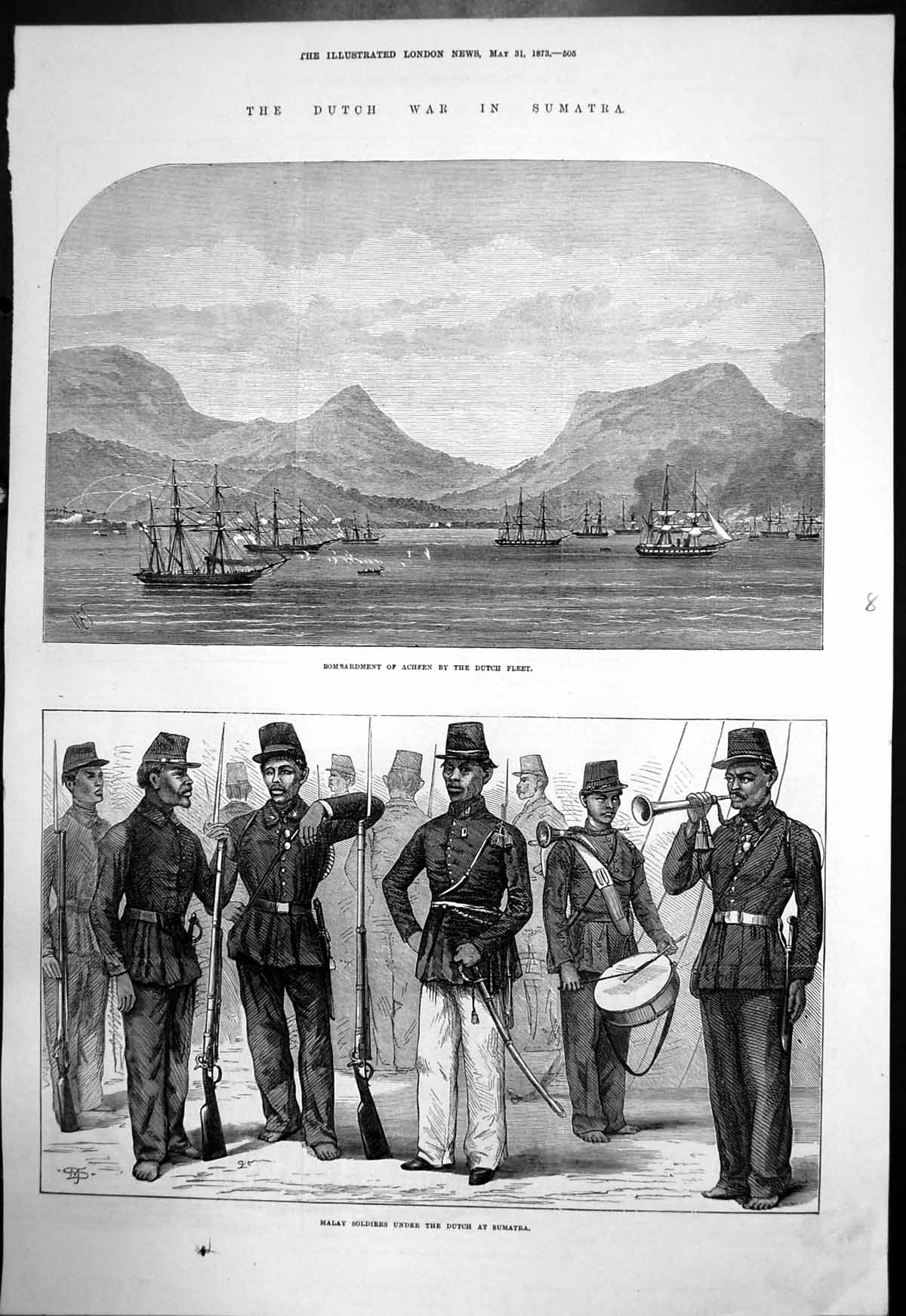 Old Antique Print Dutch War Sumatra Bombardment Acheen Malay Siers 1873 19th