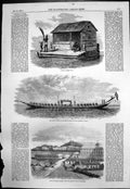 Antique Old Print Siam Bamboo Hut Royal Barge Norfolk Island Pitcairners 1857