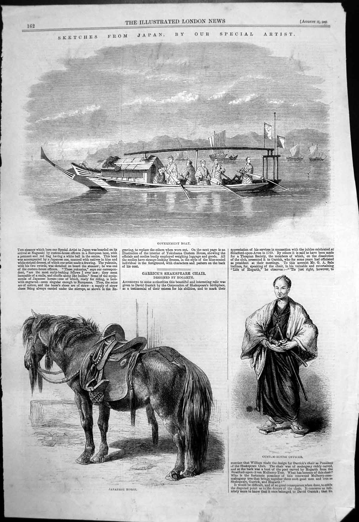 Old Antique Print Japan Government Boat Horse Custom-House Officer 1861 19th