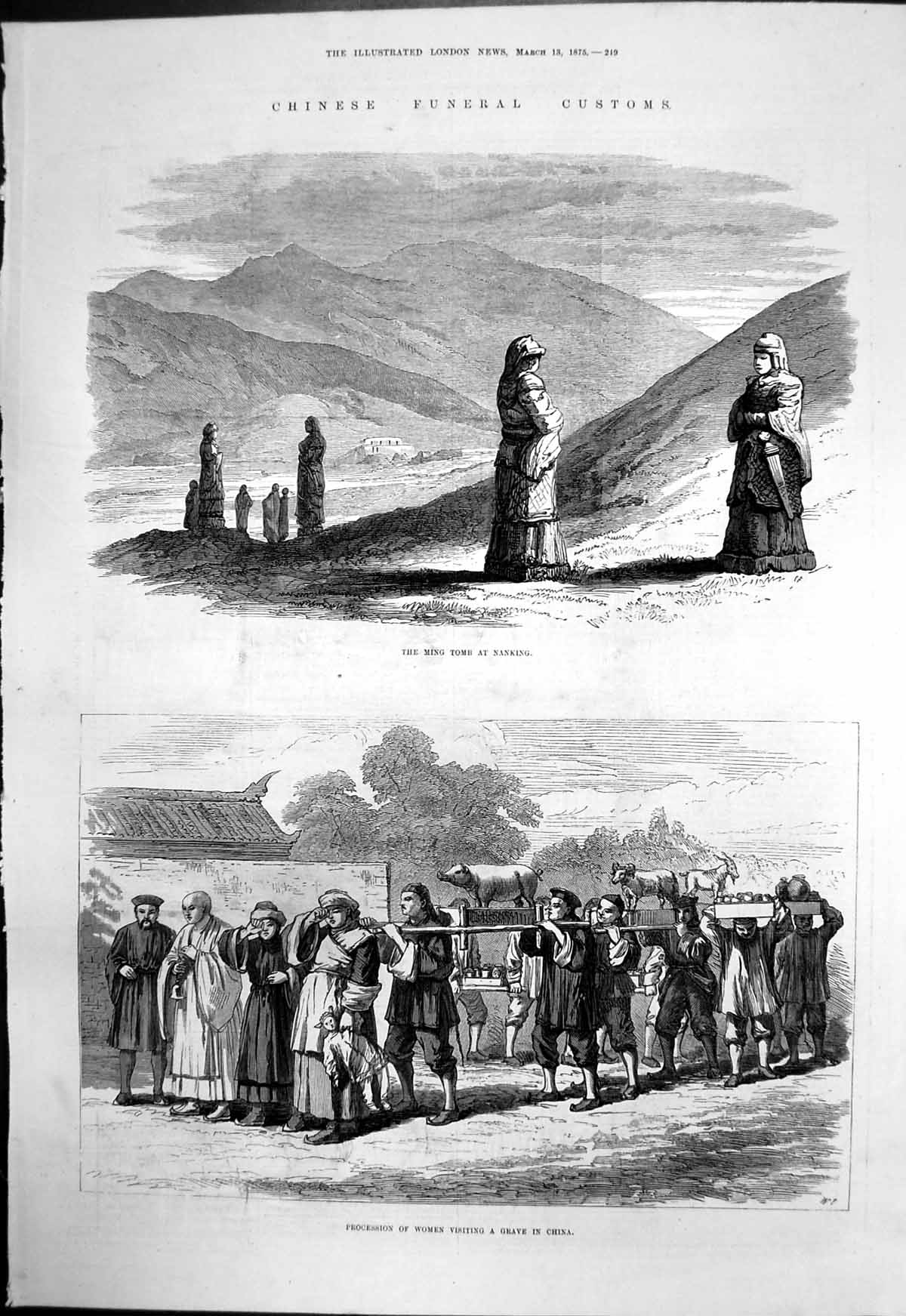 Antique Old Print Chinese Funeral Customs Ming Tom Nanking Procession 1875 19th