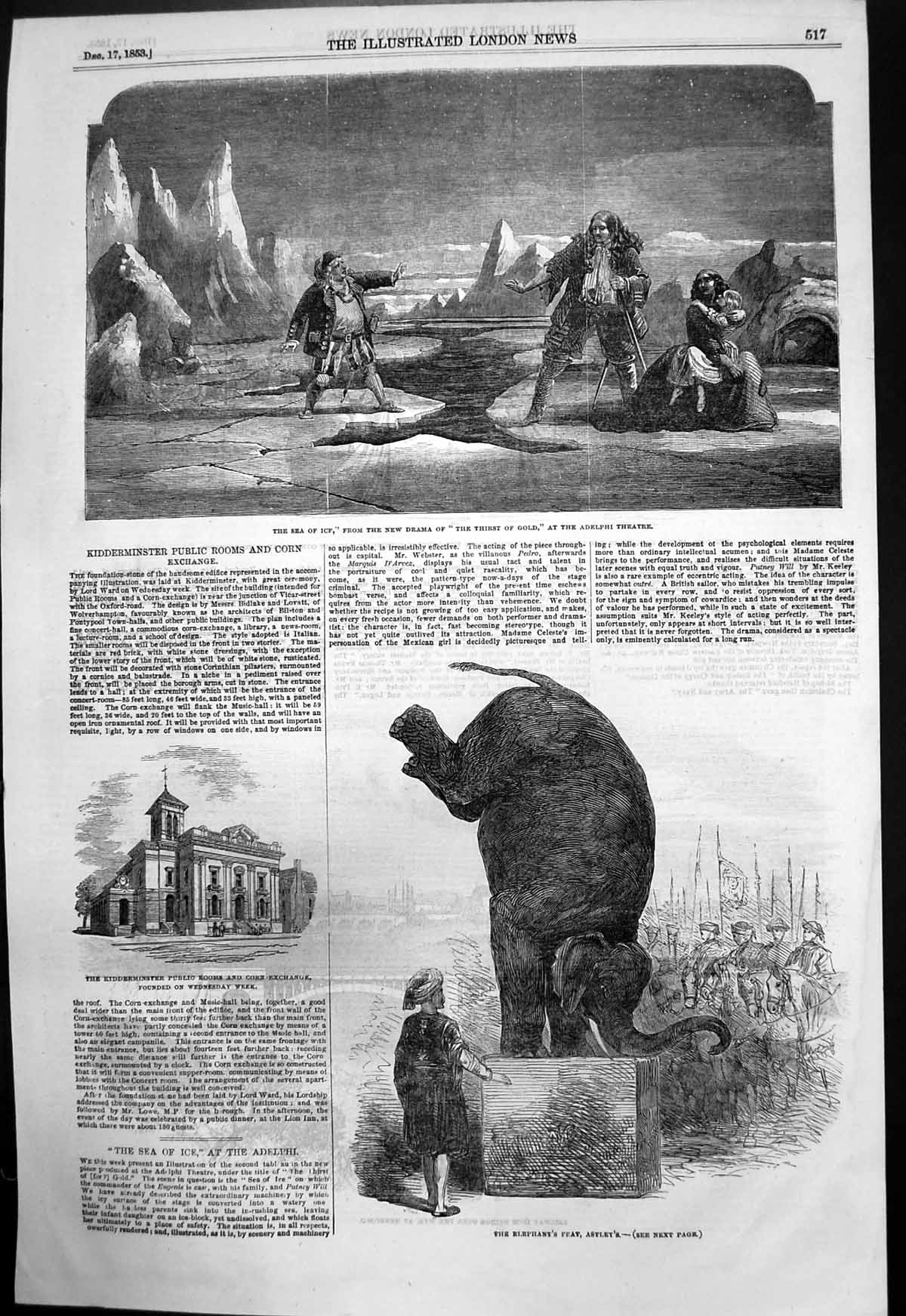 Old Antique Print Kidderminster Corn Exchange Elephants Feat Astleys 1853 19th