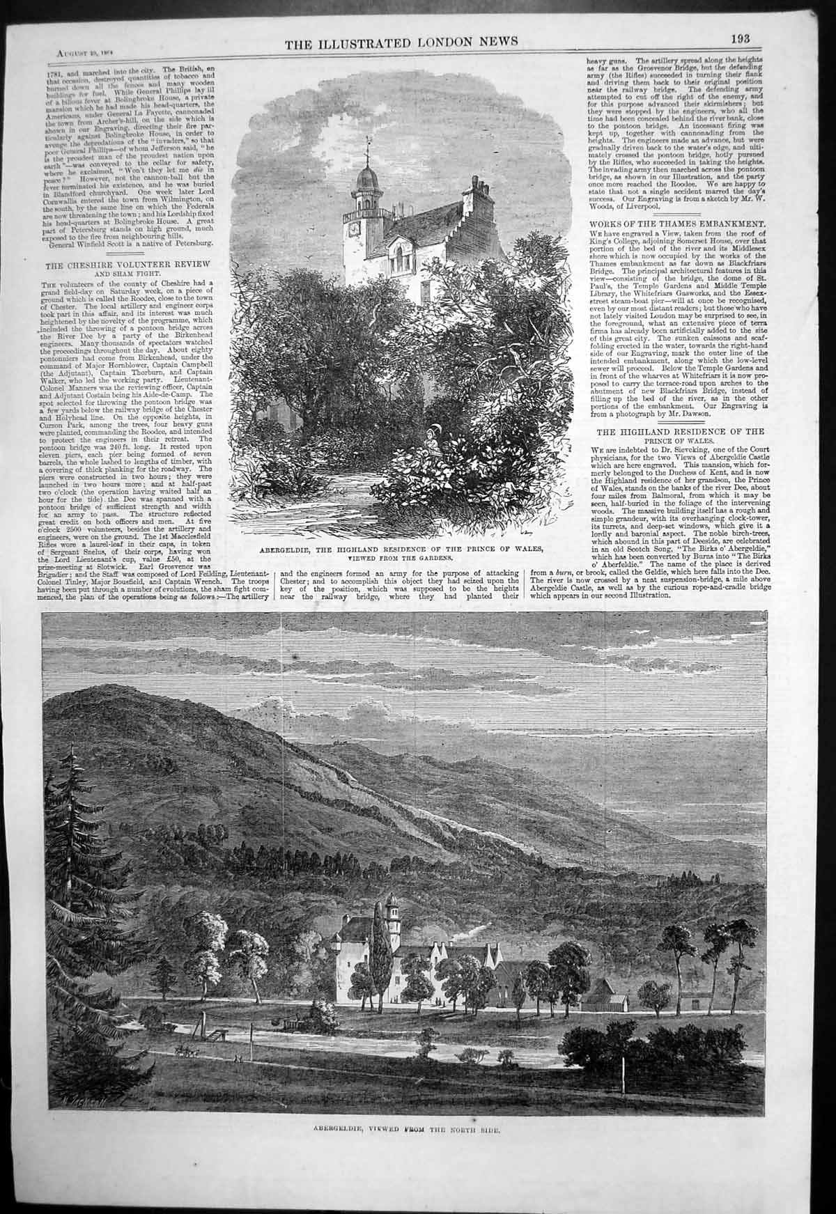 Old Antique Print Abergeldie Highland Residence Prince Wales Gardens 1864 19th