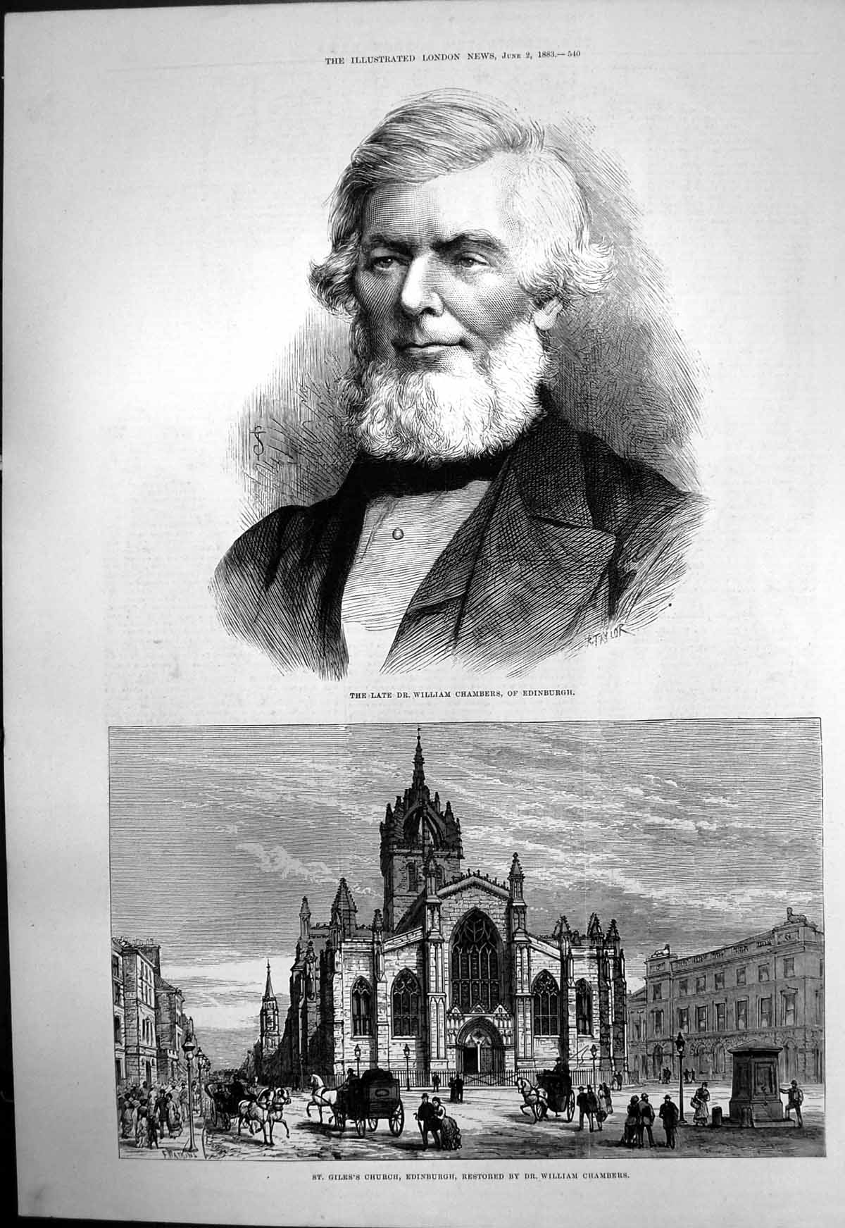 Antique Old Print Dr William Chambers Edinburgh Restored St Giles Church 1883