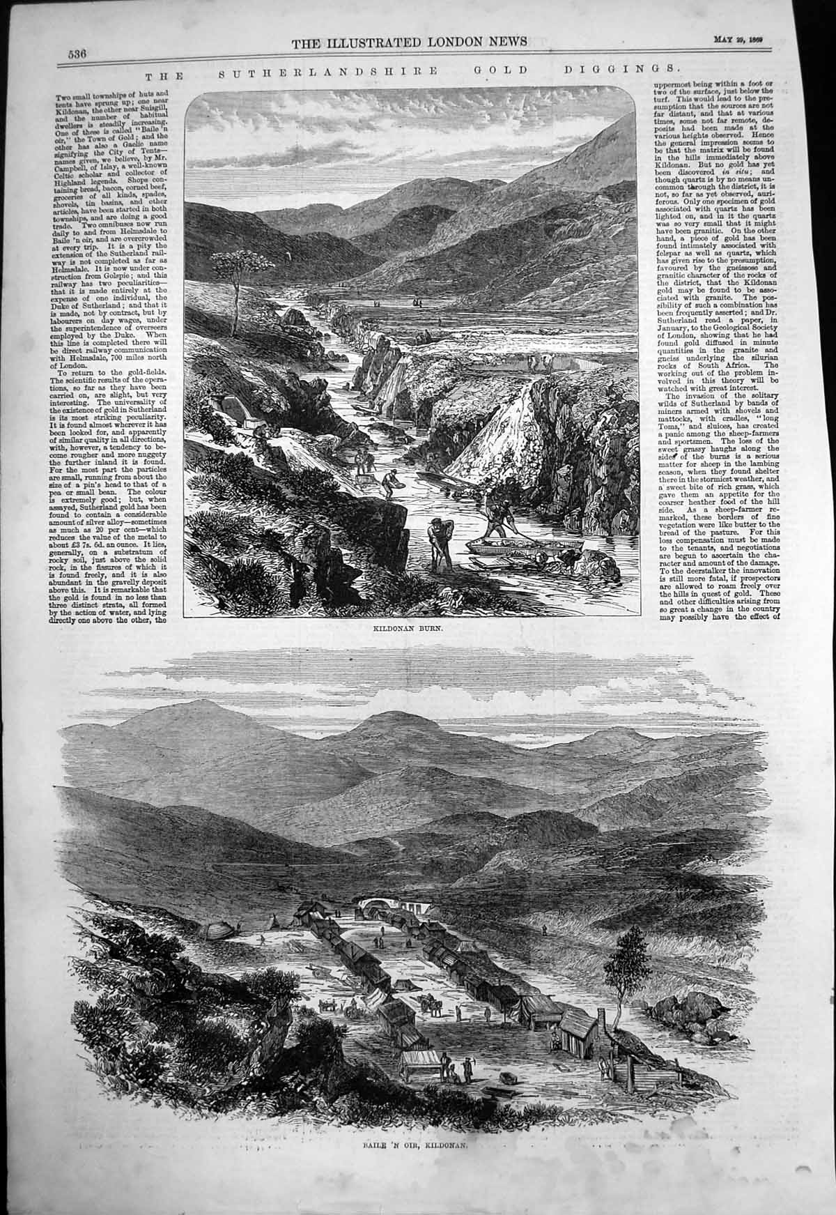 Original Old Antique Print Sutherland GDiggings Kildonan Burn Baile N'Oir 1869