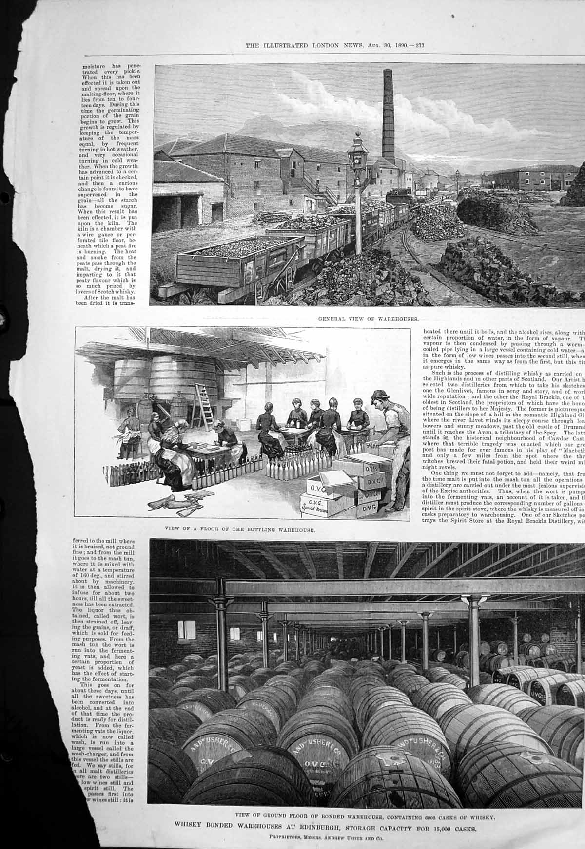 Old Antique Print Wkisky Bonded Warehouses Edinburgh Bottling Casks 1890 19th