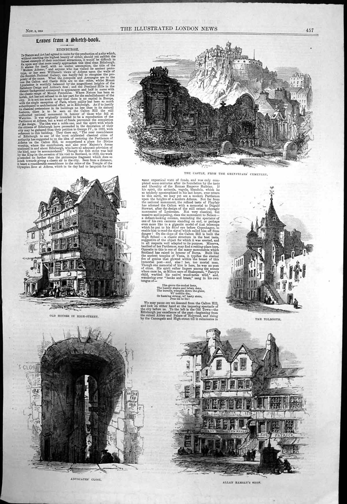 Original Old Antique Print Edinburgh Castle Greyfriars Cemetery Tolbooth 1864