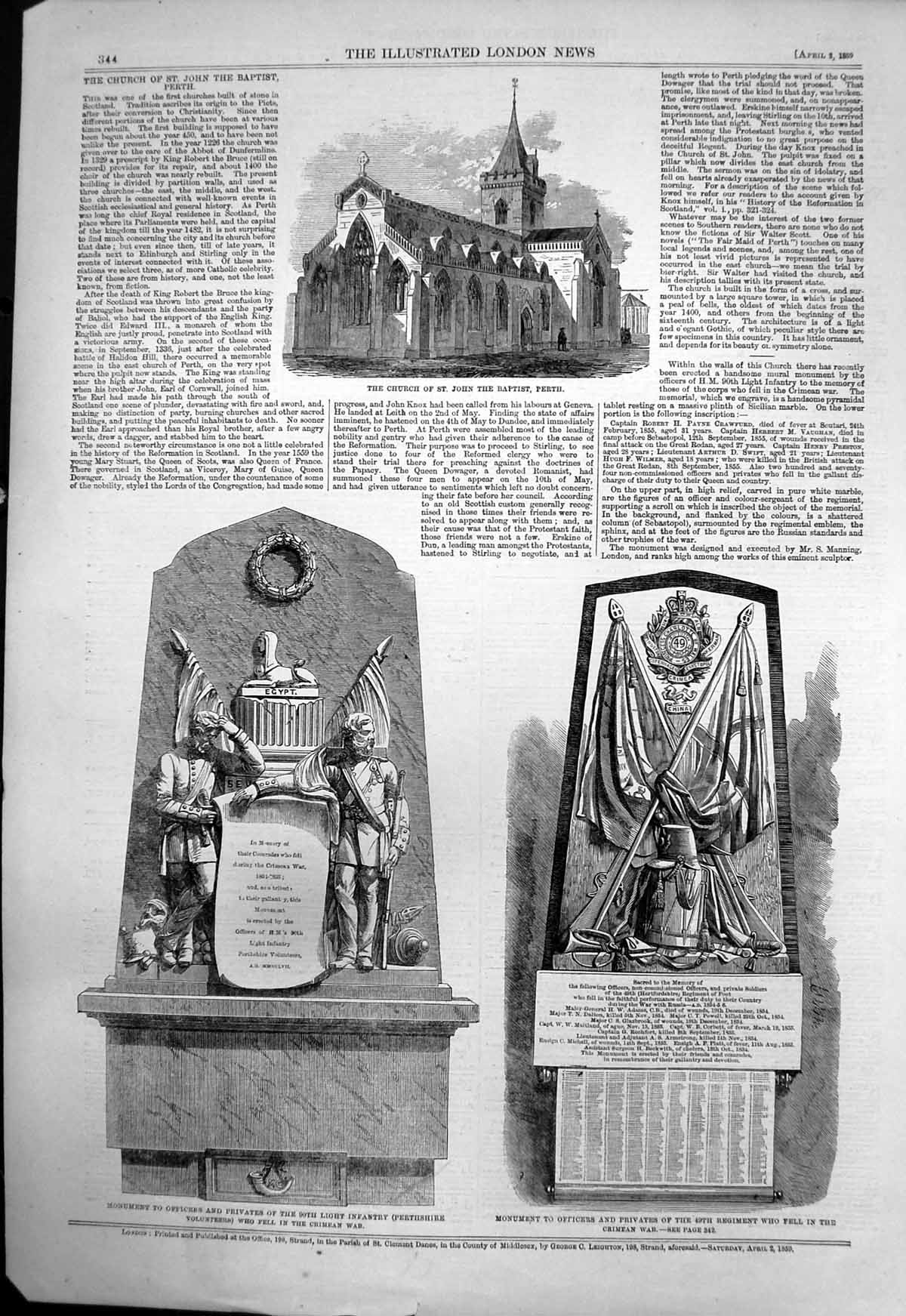 Antique Print Church St John Baptist Perth Monument Officers Crimea War1859
