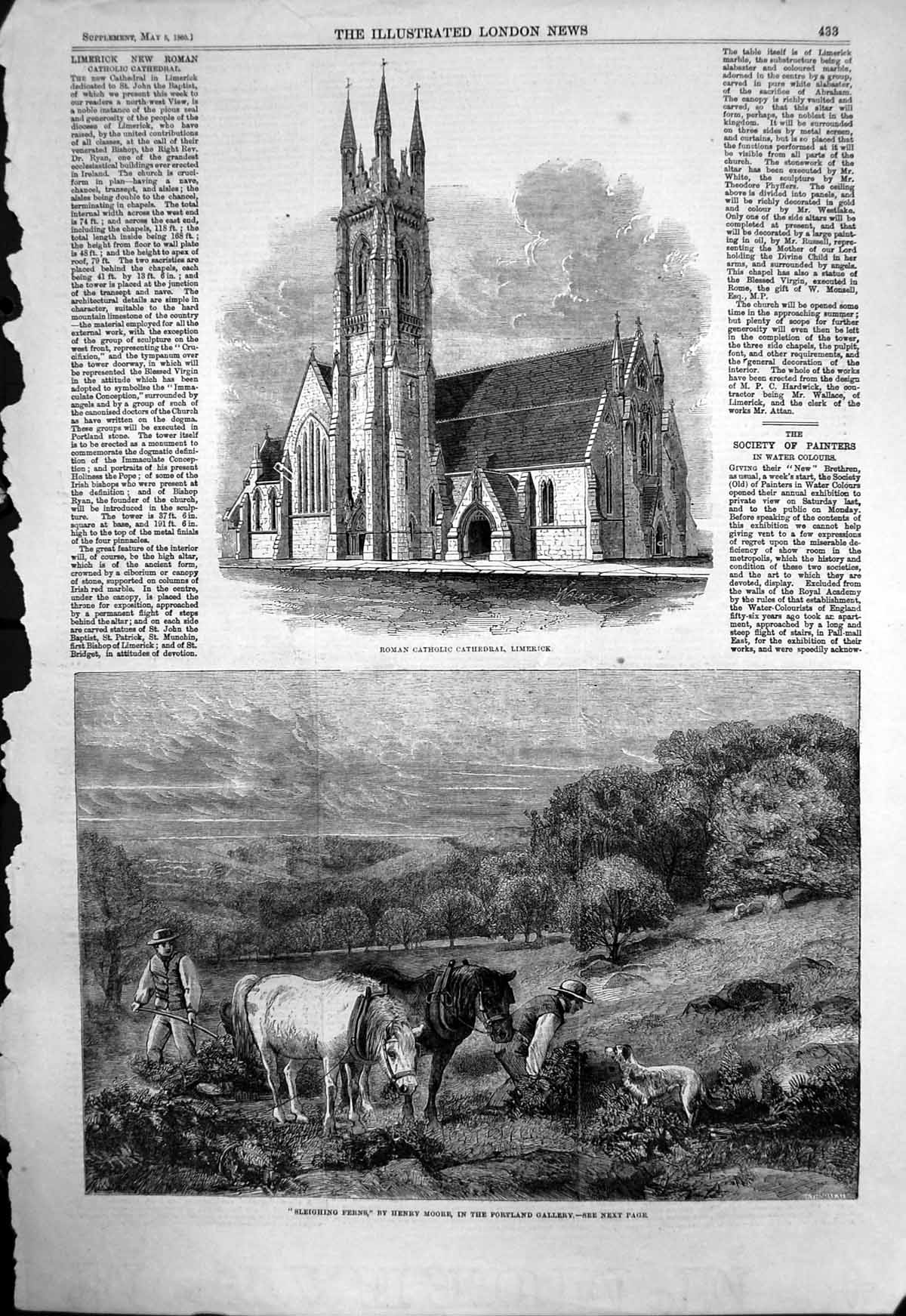 Antique Print Roman Catholic Cathedral Limerick Sleighing Ferns Horses 1860