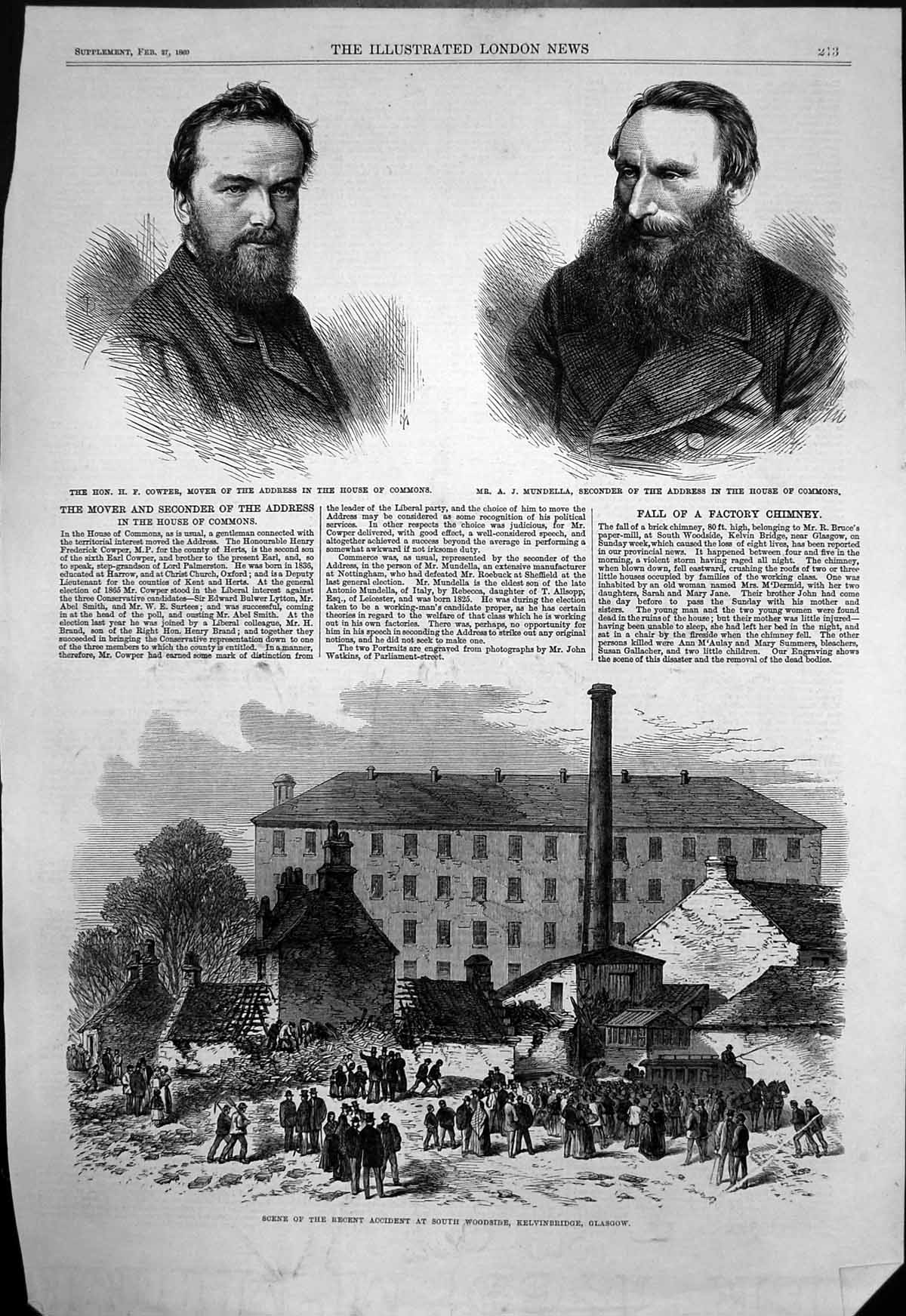 Old Antique Print Mover Seconder House Commons Accident Kelvinbridge 1869 19th