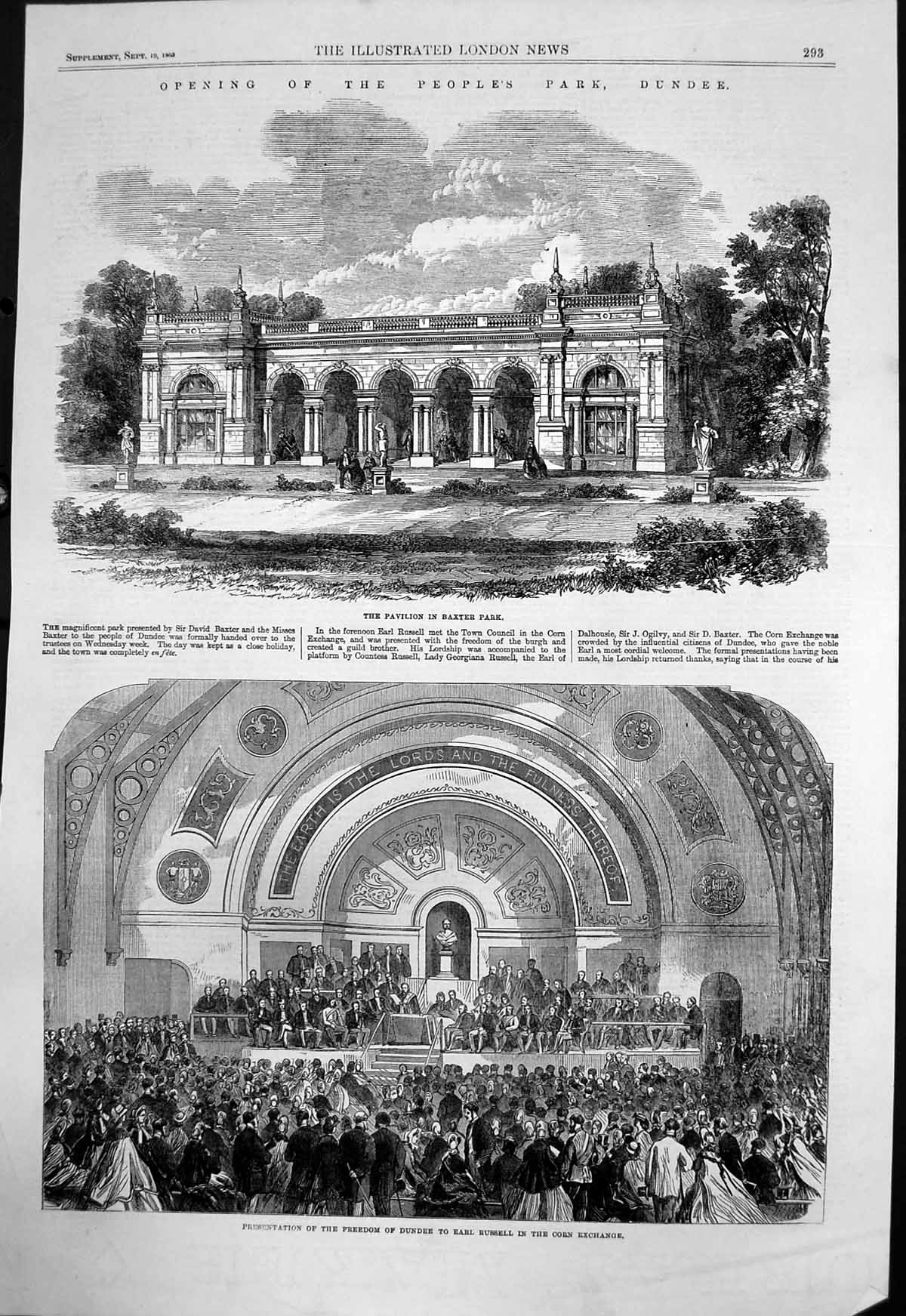 Antique Print Opening Baxter Park Dundee Pavilion Freedom Earl Russell 1863