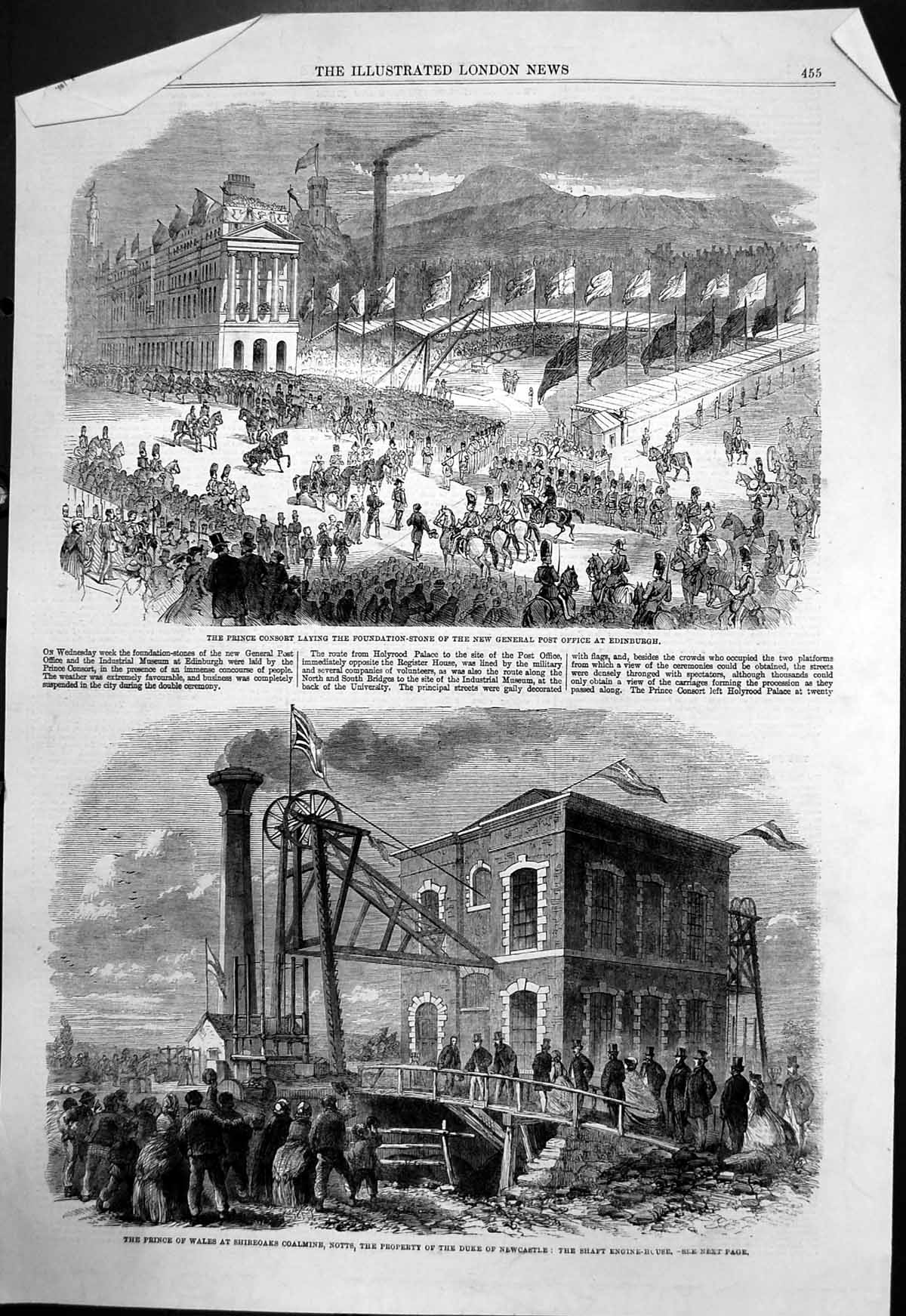 Old Print Prince New Post Office Edinburgh Shireoaks Coalmine Notts 1861 19th