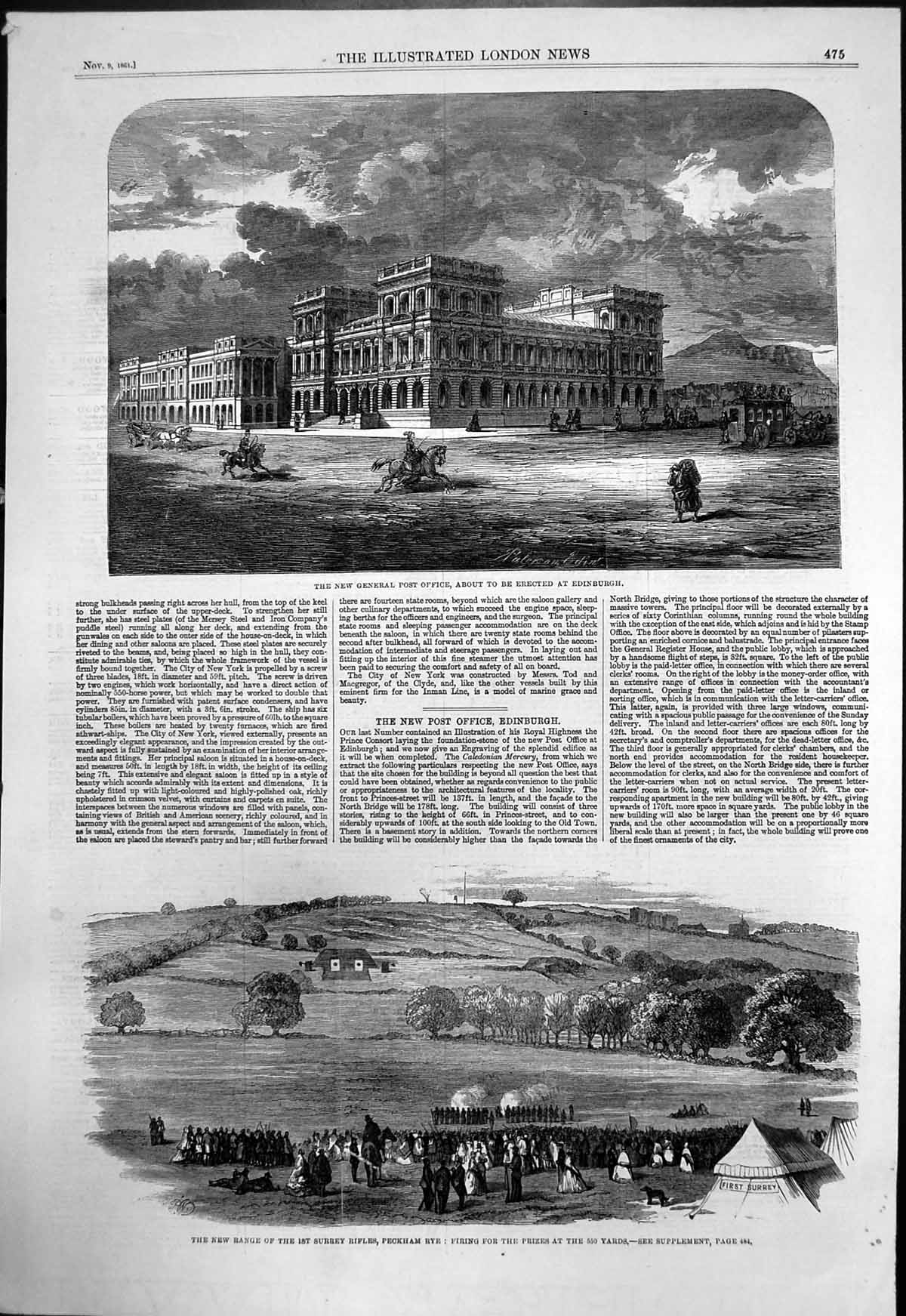 Old Print New Post Office Edinburgh Range 1St Surrey Rifles Peckham 1861
