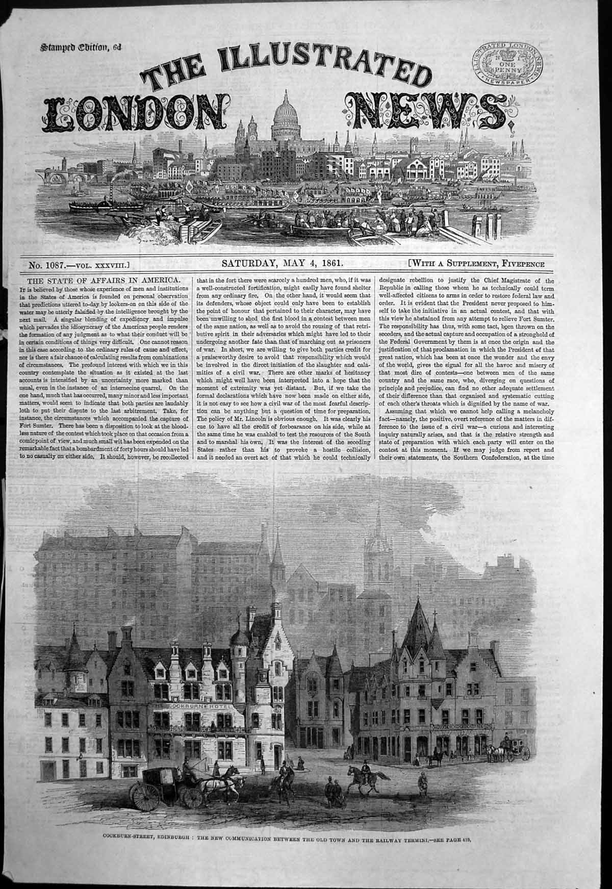 Original Old Antique Print Cockburn Street Edinburgh Between Town Railway 1861
