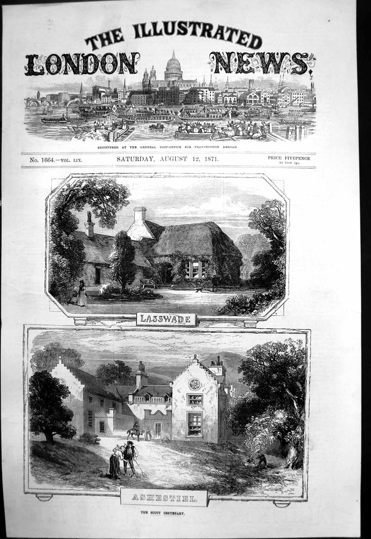 Antique Old Print Scott Centenary Lasswade Cottage Ashestiel Large House 1871