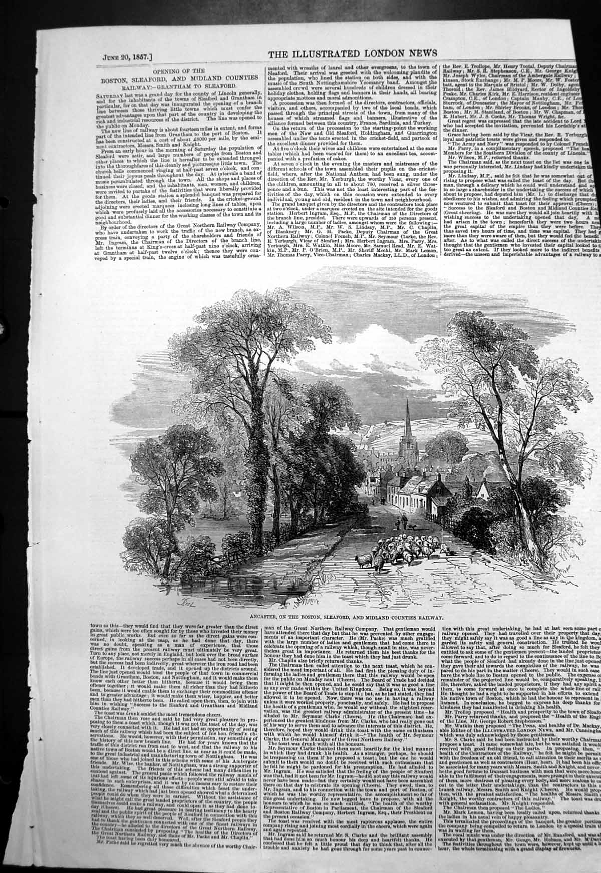 Antique Print Ancaster Boston Sleaford Midland Counties Railway Sheep 1857 19th