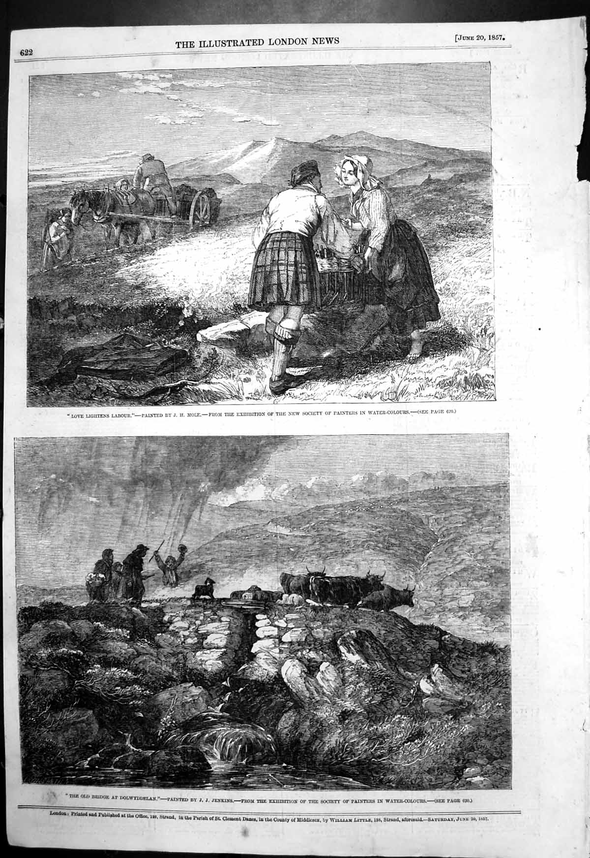 Original Old Antique Print Love Lightens Labour J Mole Bridge Dolwyddelan 1857