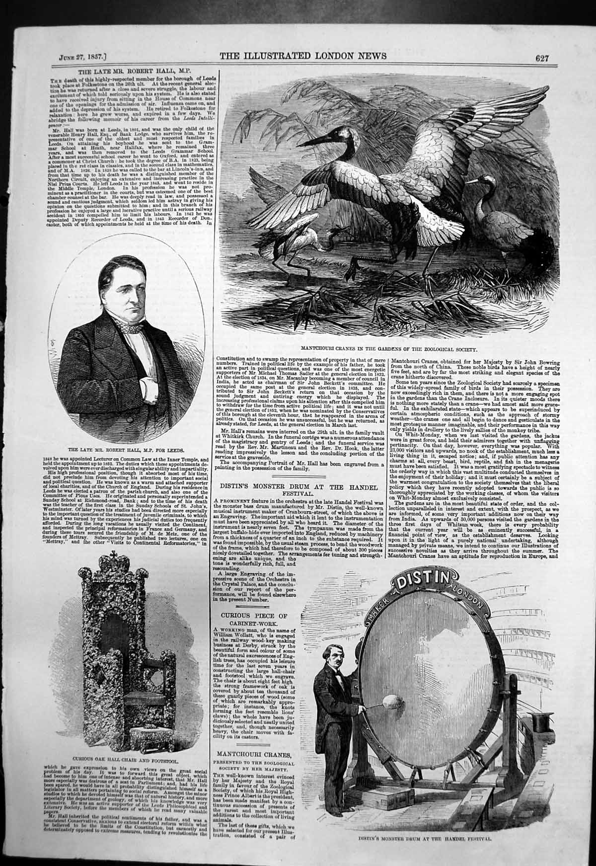 Old Print Distins Monster Drum Handel Festival Robert Hall Mp Leeds 1857 19th