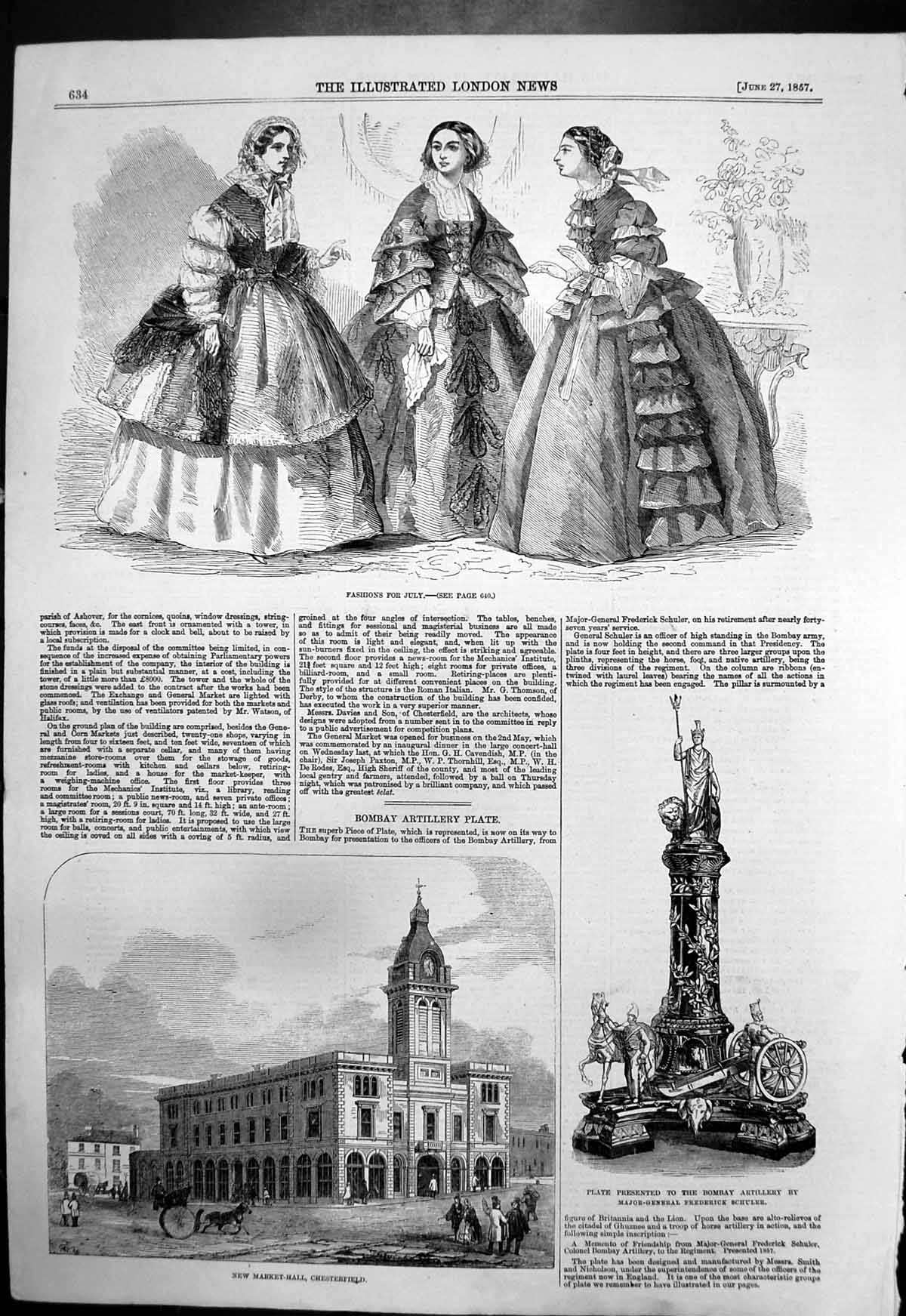Antique Print New Market Hall Chesterfield Fashions July Plate Bombay 1857 19th